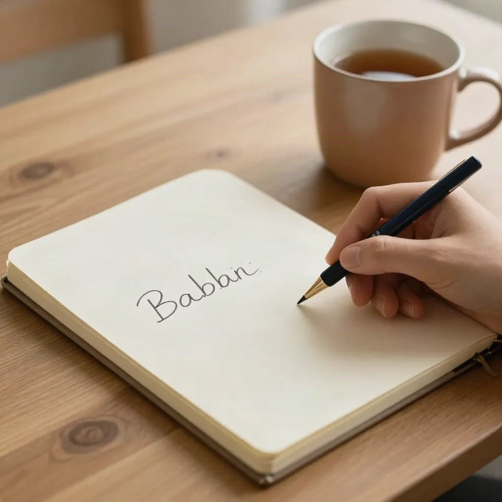 Hand writing baby names in a cream notebook on a wooden table, warm natural light