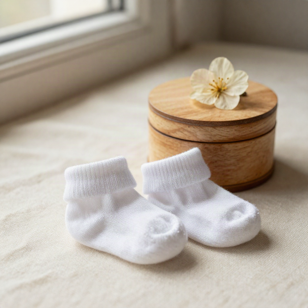 A small wooden keepsake box and knit baby socks, close detail