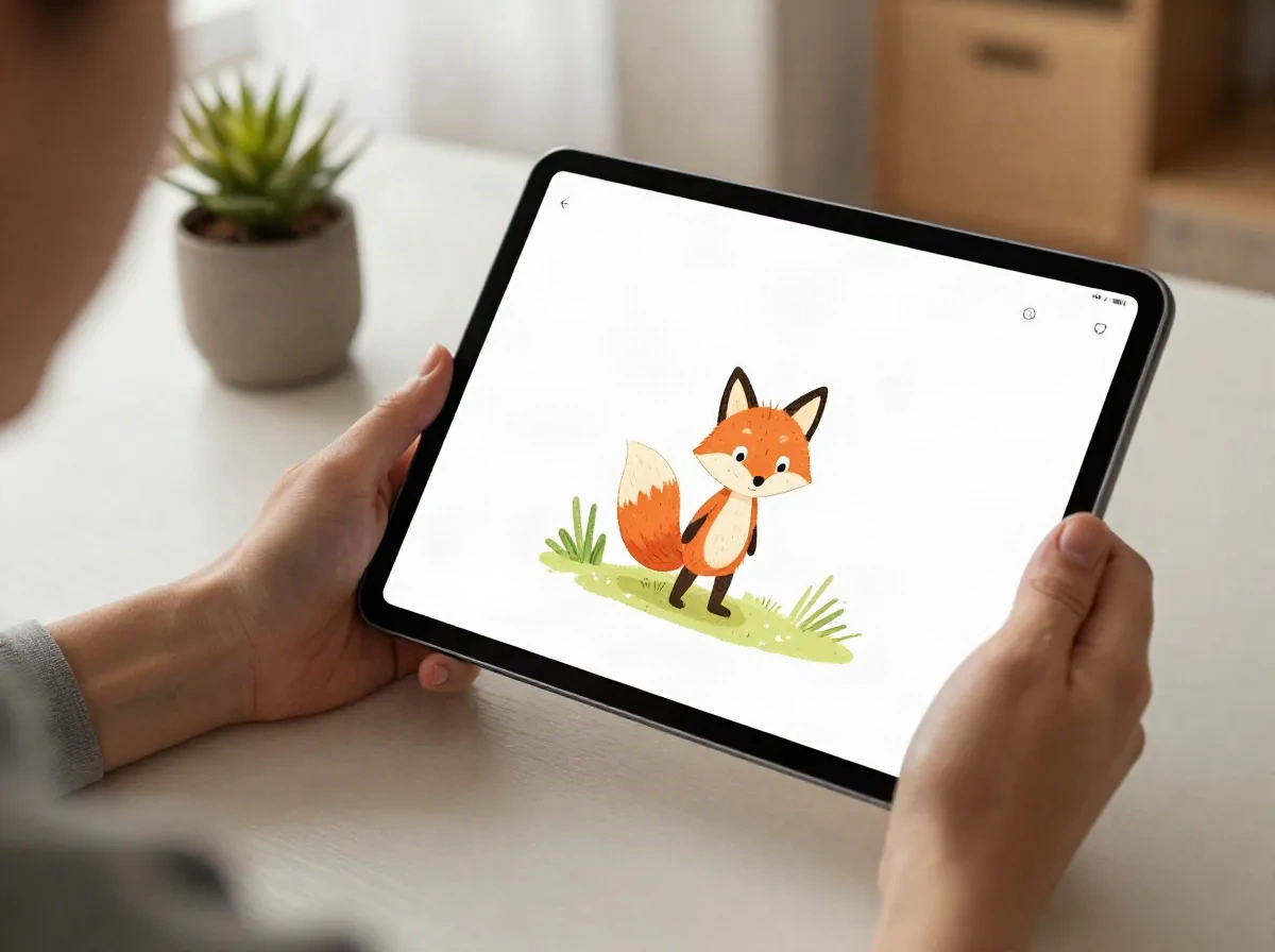 A parent personalizes an illustrated children's book page on a tablet