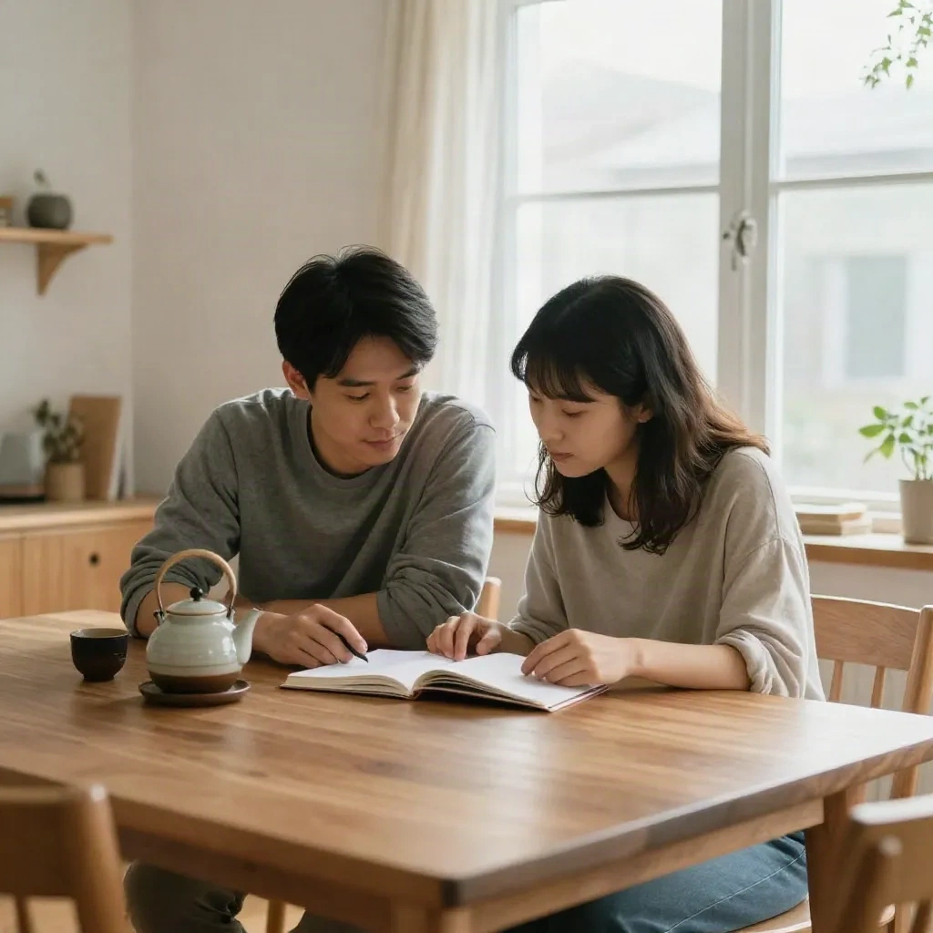 Couple looking at a notebook together at home, Japanese ceramic teapot on the table