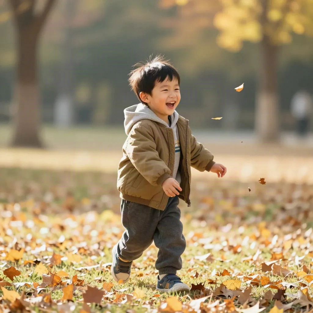 Young boy laughing and playing in a sunlit park among autumn leaves