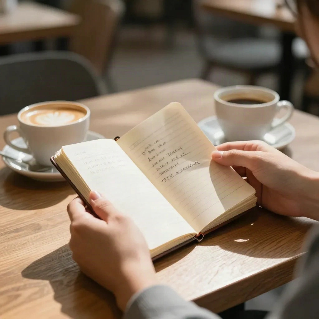 Deux mains tenant un petit carnet ouvert sur une table de café en bois, lumière matinale chaleureuse