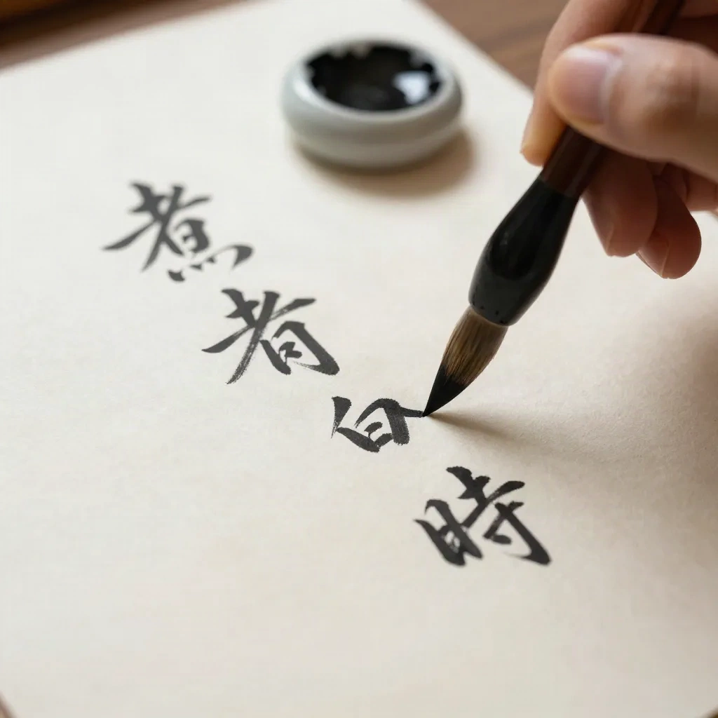 Japanese calligraphy brush writing on washi paper with ink stone
