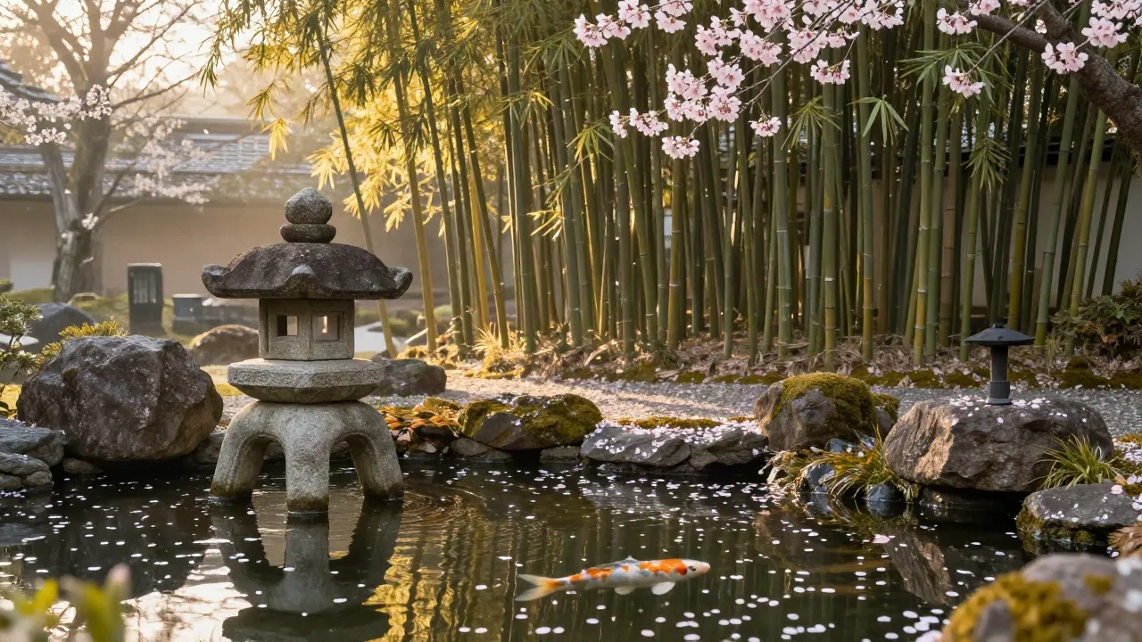A serene Japanese garden at dawn with cherry blossom petals on a koi pond