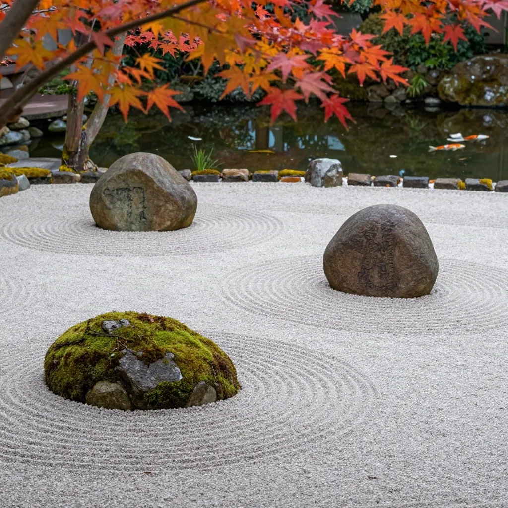 Jardim zen tradicional japonês com cascalho pente, pedras musgoadas e árvore de bordo