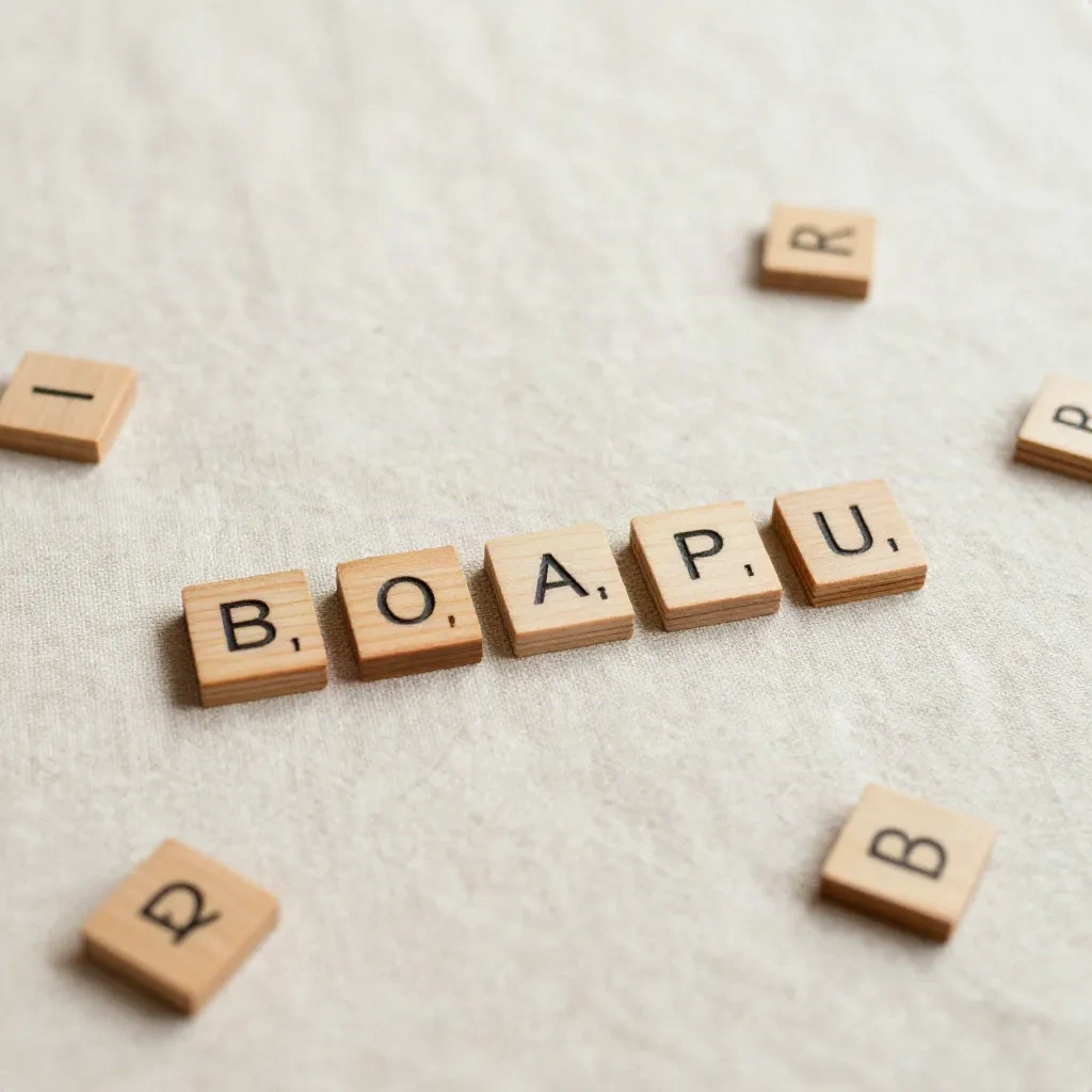 Scattered wooden letter tiles on natural linen fabric, soft daylight, warm neutral tones