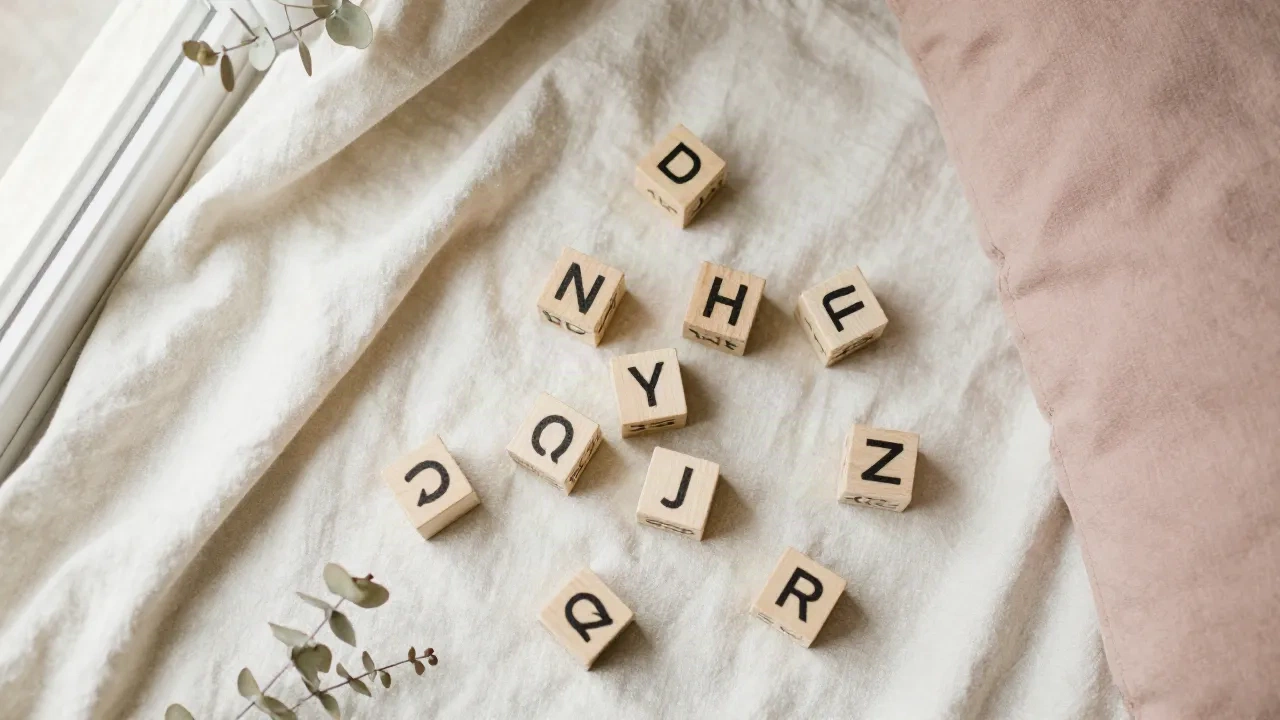 Hölzerne Buchstabenwürfel verstreut auf einer Leinwandecke, weiches Kinderzimmerlicht