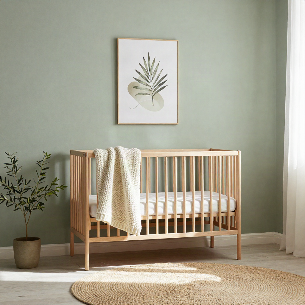A calm, softly furnished nursery corner in muted sage and cream