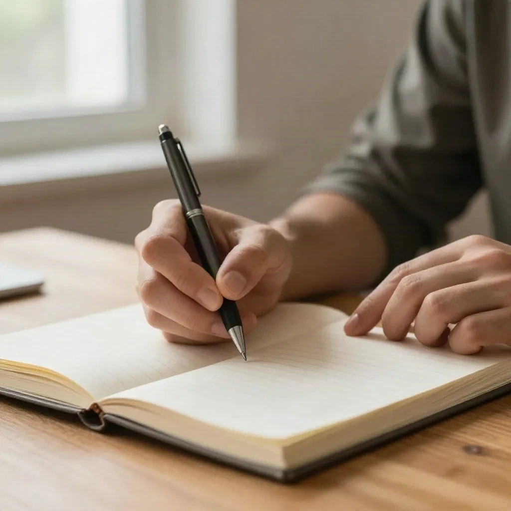 Close-up of hands writing names in a notebook, warm natural light, calm atmosphere