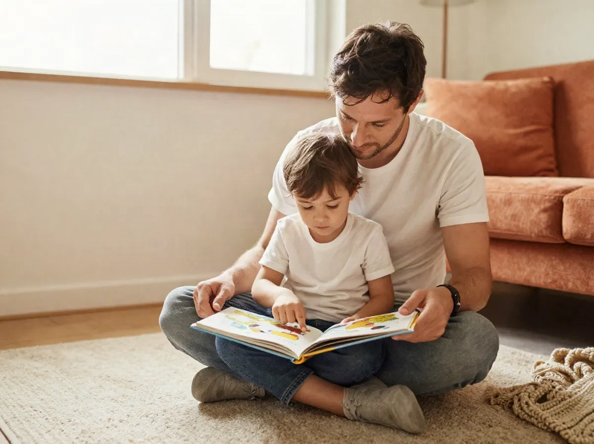A father and child read an illustrated picture book together on the living room rug
