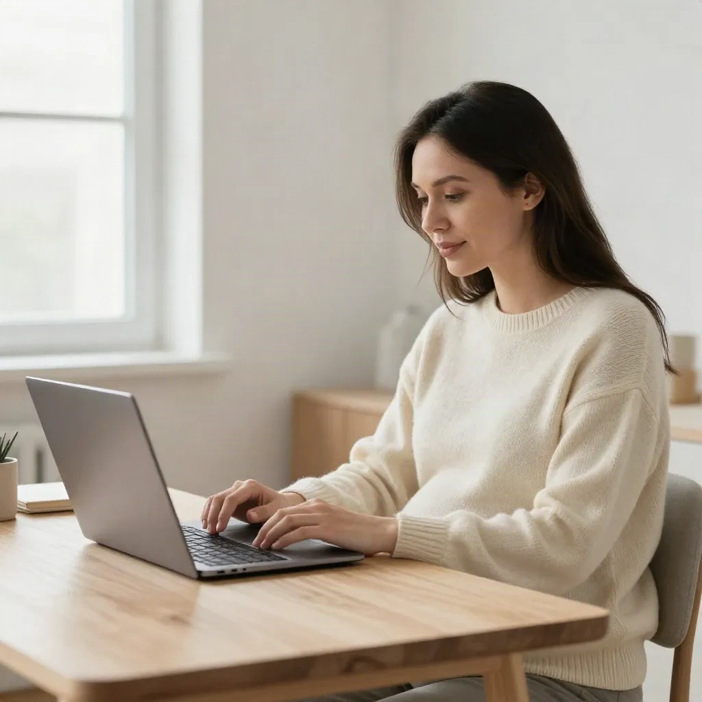 Pregnant woman at a light wood desk with a laptop in a bright minimalist home