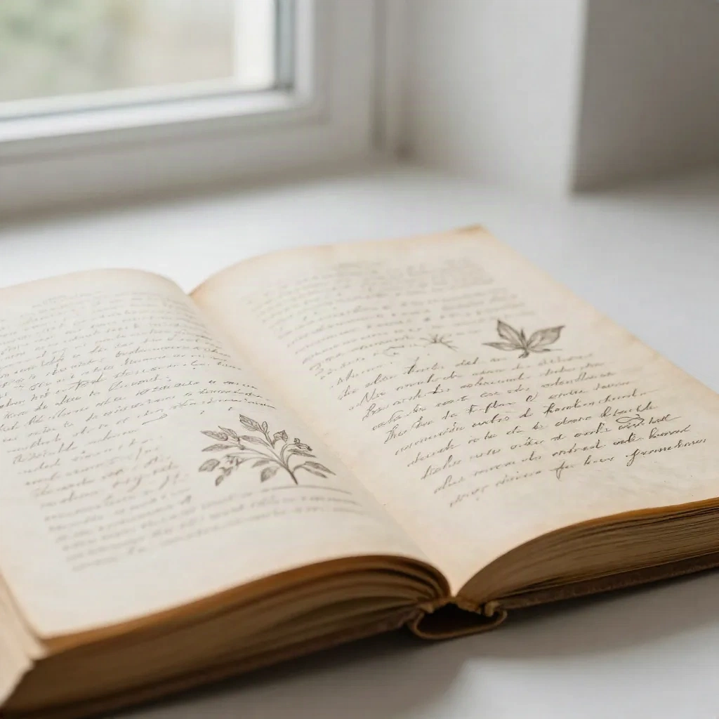 Open antique book with handwritten calligraphy and botanical illustrations in warm natural light