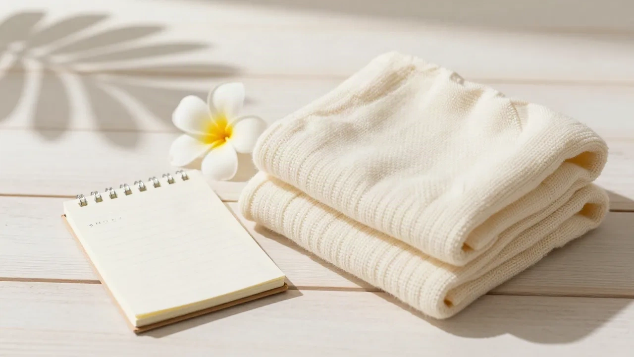 Fiore di plumeria e una coperta per bebè in crema accanto a un taccuino con idee di nomi