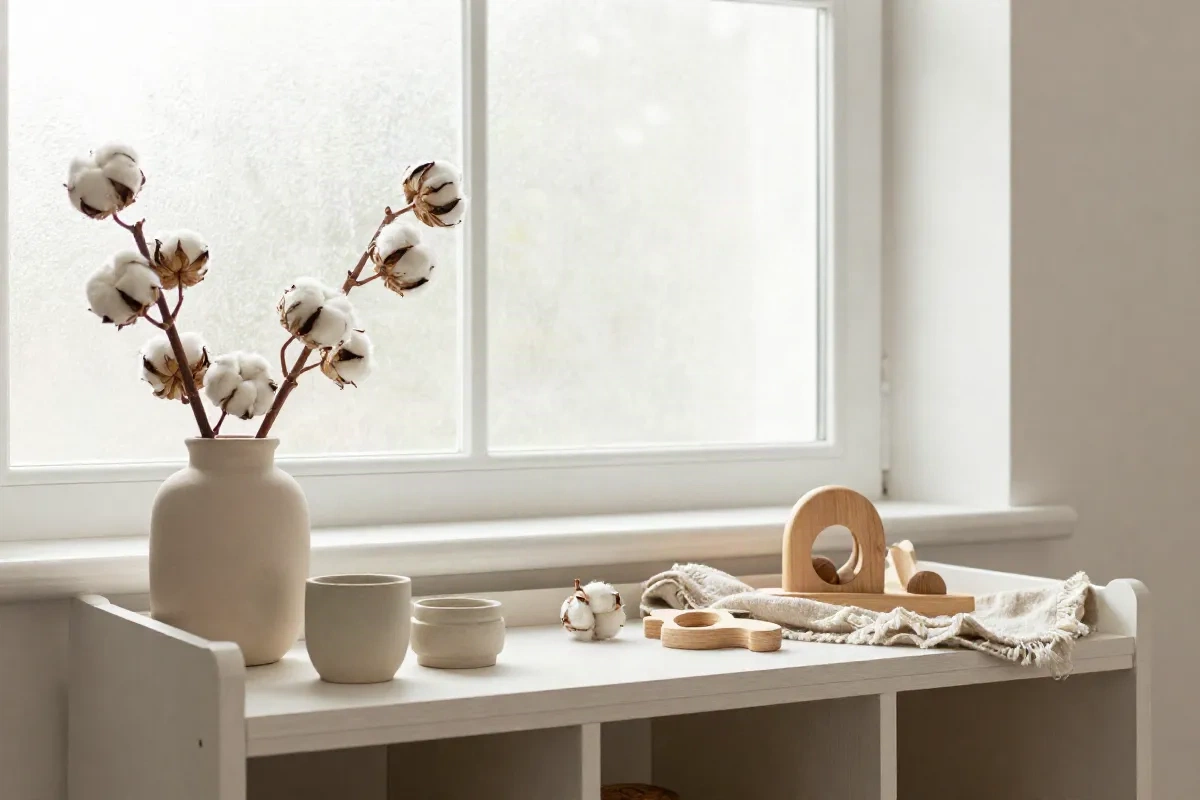Scandinavian nursery shelf with wooden toys and soft morning light