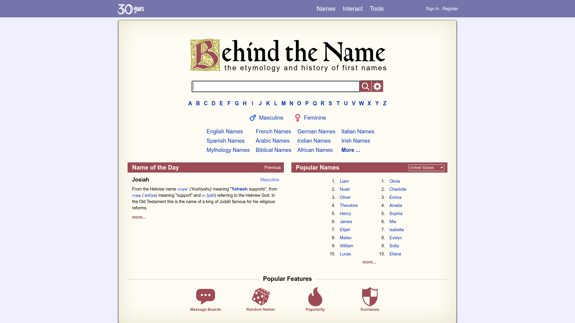 Behindthename Homepage mit 30-Jahre-Badge, Name des Tages und Top-10 US-Babynamen