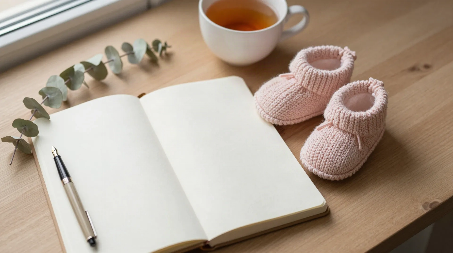 Journal notebook, tea, and knit blush booties on a wooden desk, symbolizing the search for a girl name