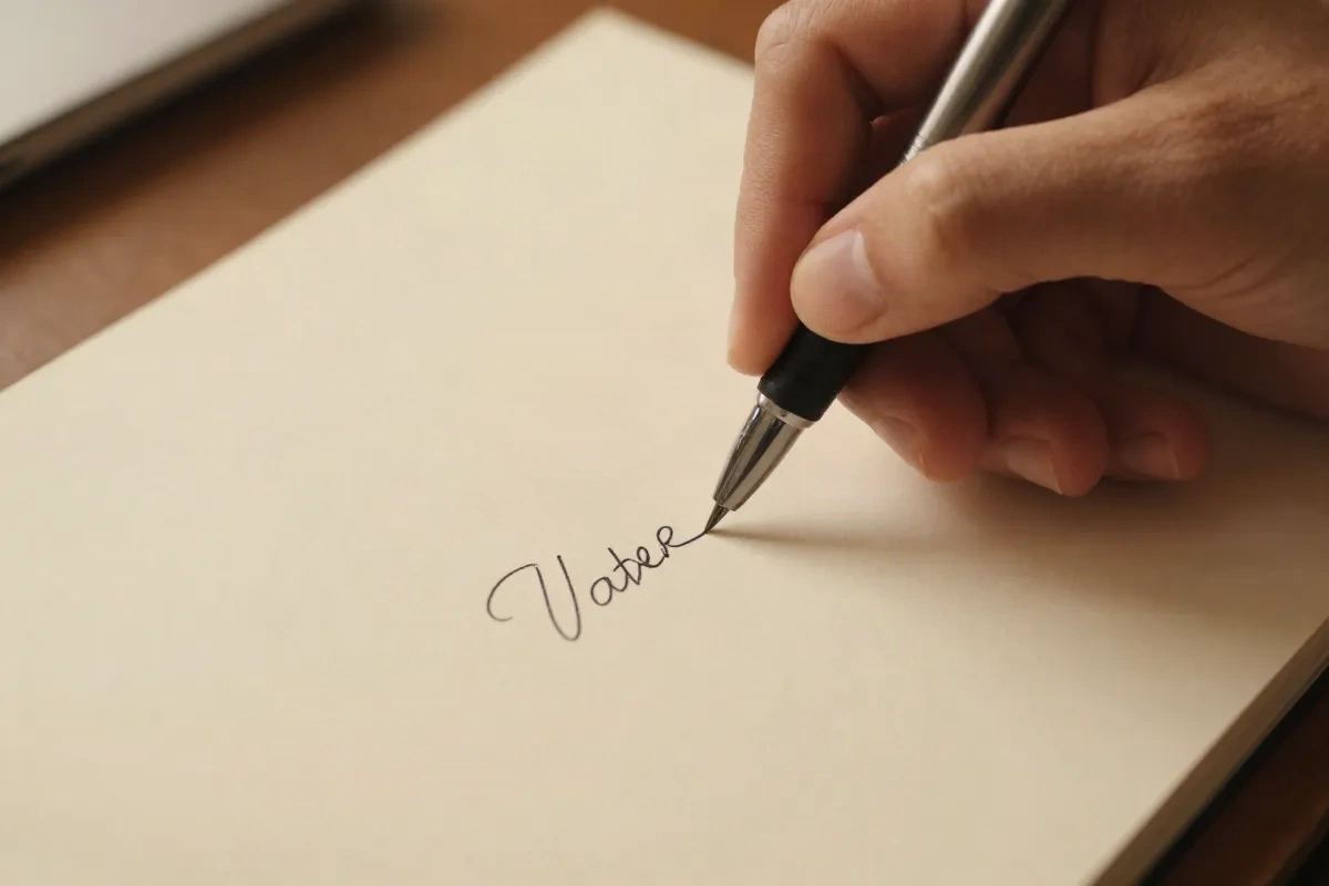 Hand writing a baby name on cream paper, warm intimate light
