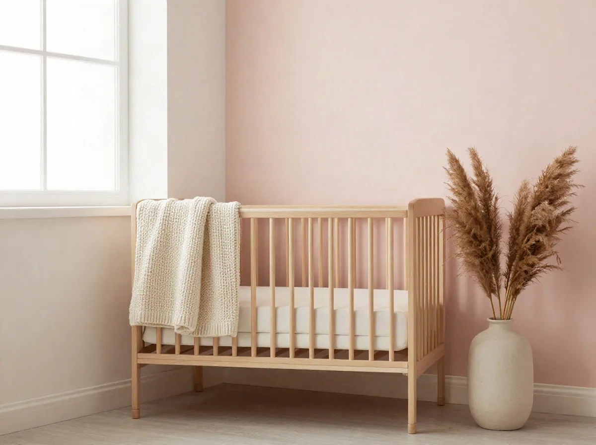 Soft blush Scandinavian nursery corner with a wooden crib and dried pampas grass