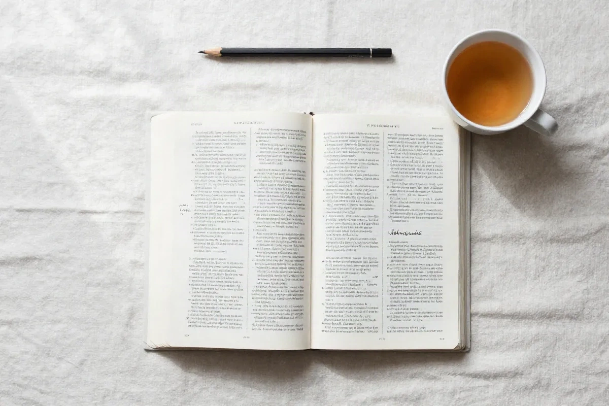Etymology dictionary with handwritten notes, cup of tea, Nordic aesthetic