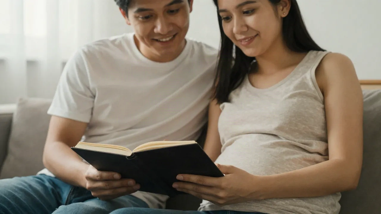 expecting couple reviewing baby name ideas together at home