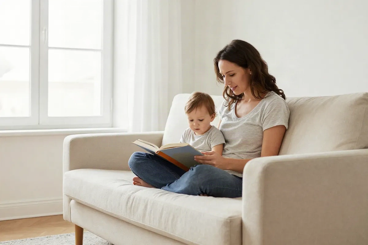 Mother reading to a toddler on a sofa, bright Scandinavian interior, afternoon light