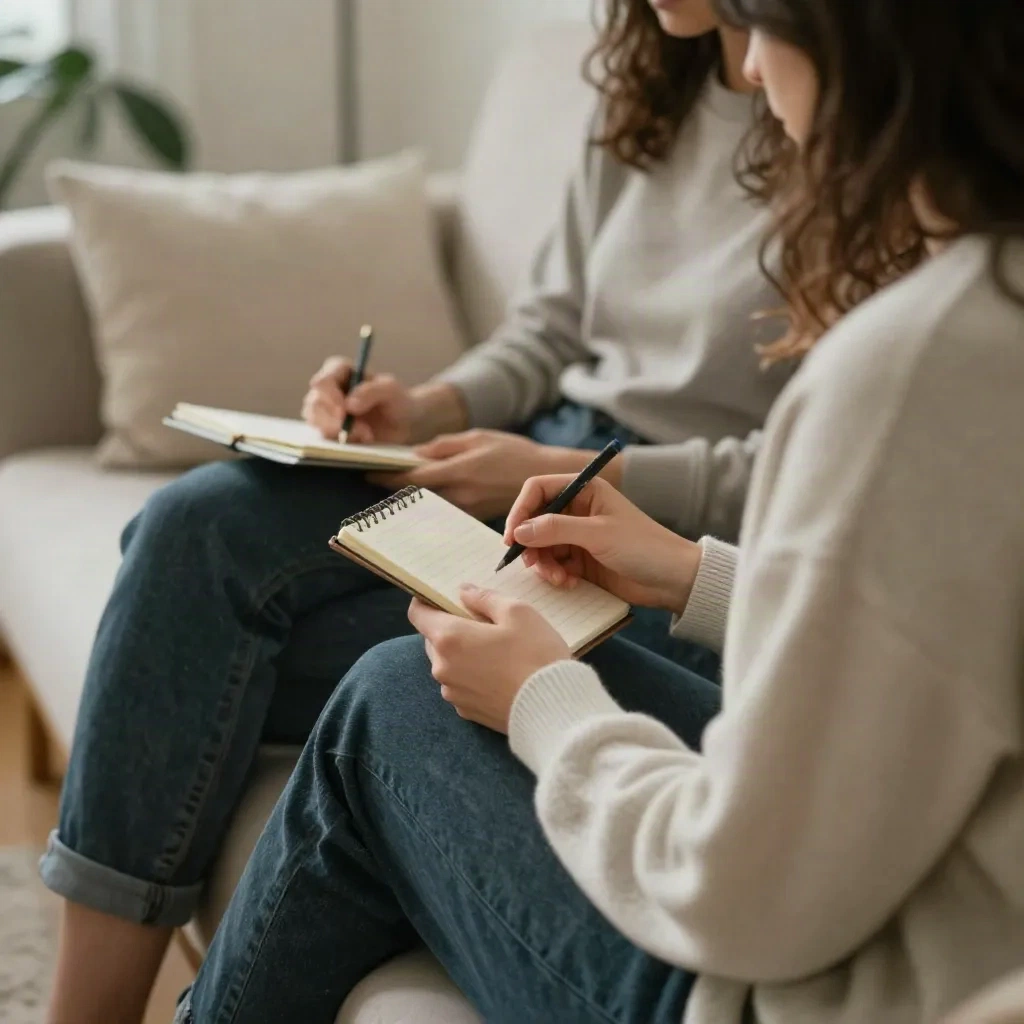 Two adults sitting together in a cozy Scandinavian living room, looking at a notebook in soft diffused light