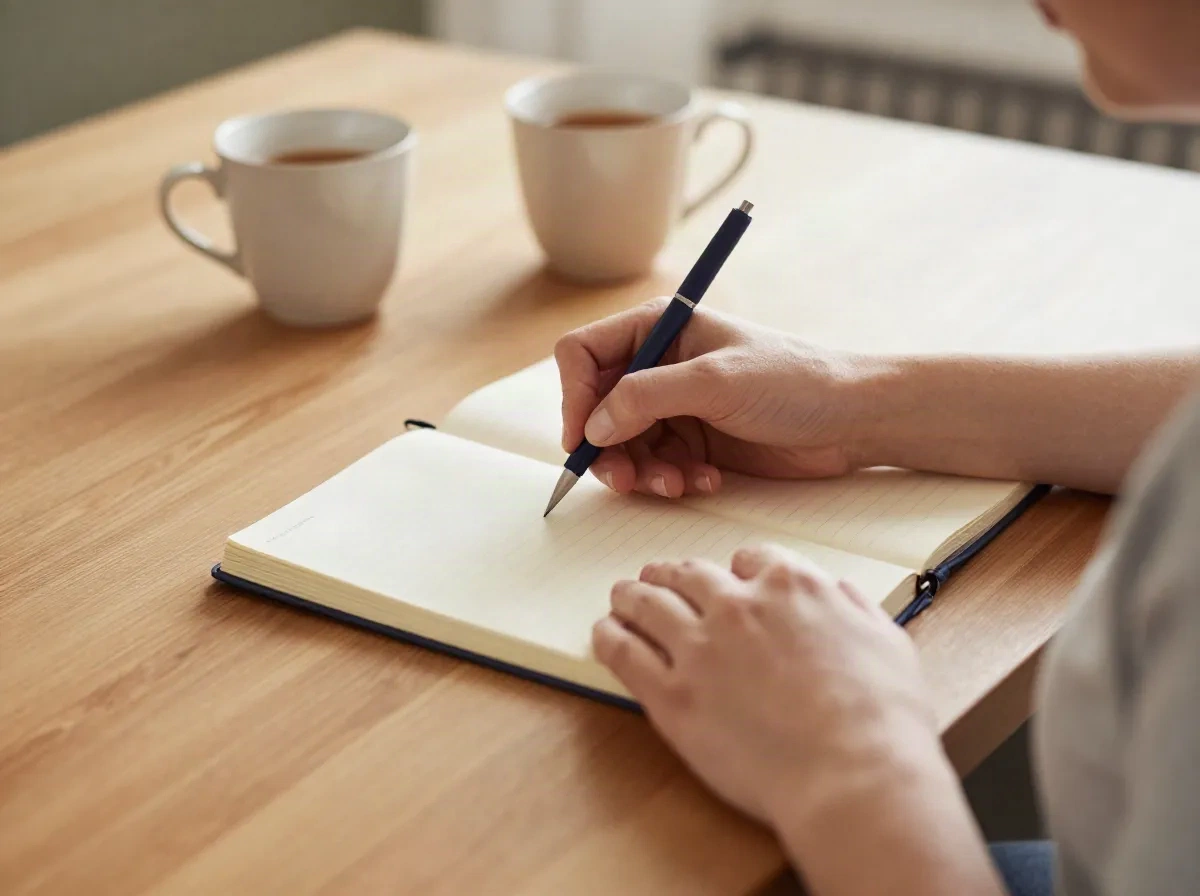 Two people writing girl name ideas together in a shared notebook at a kitchen table