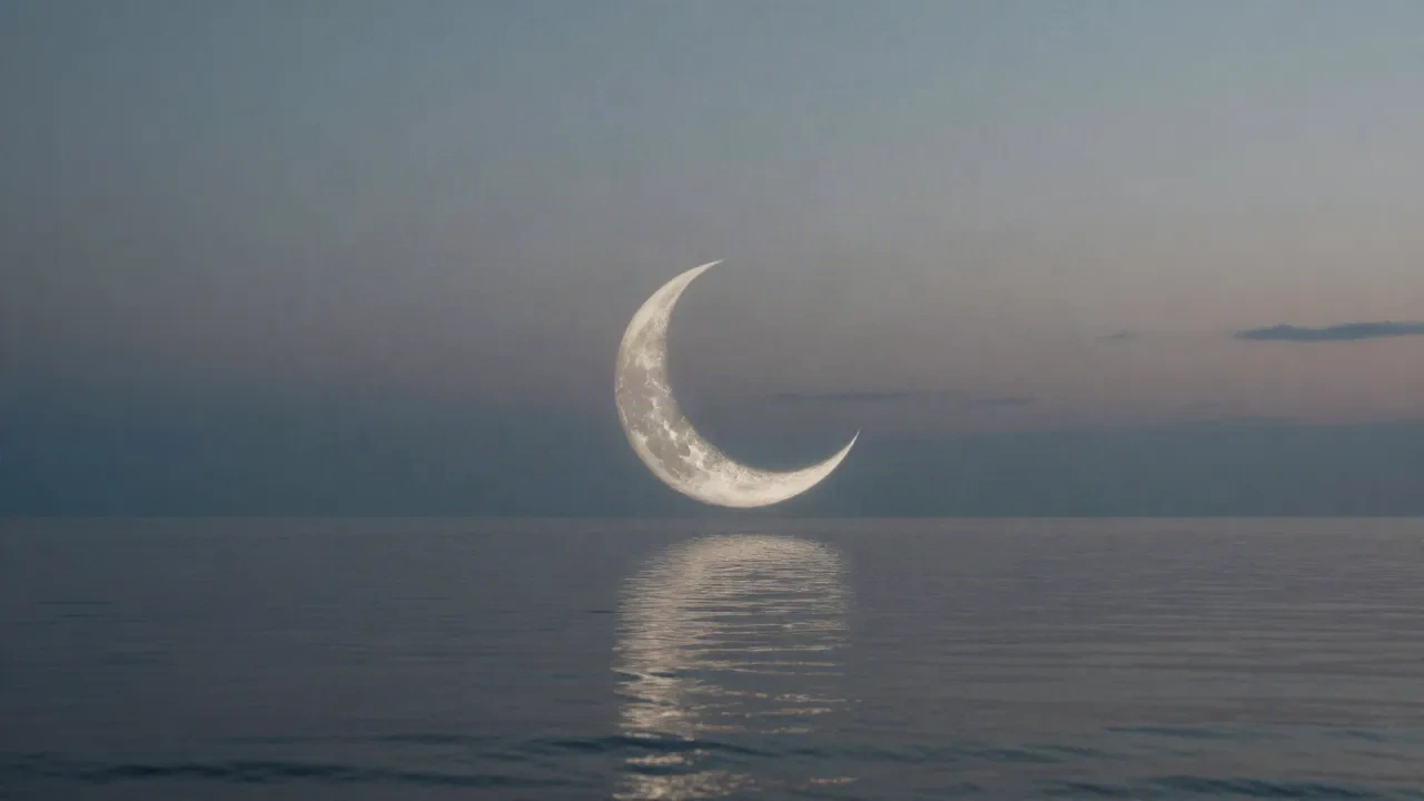 Crescent moon reflected on still water at twilight, soft silver and blue tones