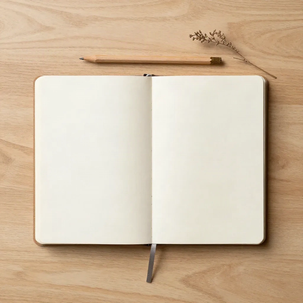 Open notebook with handwritten list beside dried botanical sprig on oak table