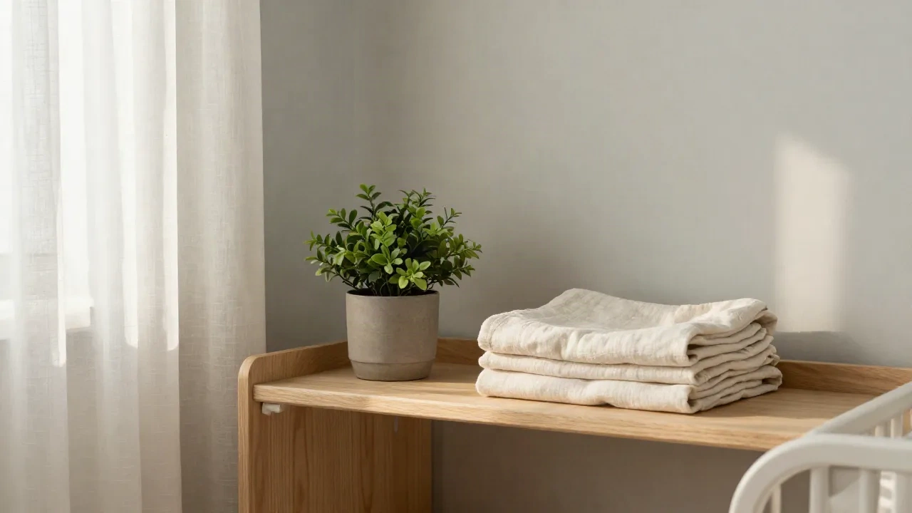 Soft Scandinavian nursery corner with warm light and minimal decor