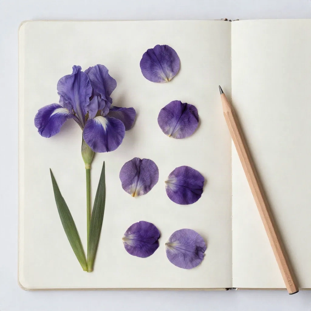 Pressed violets and iris petals on cream paper with a pencil
