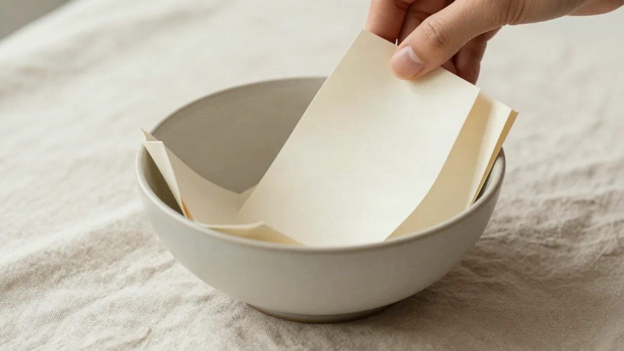 A hand drawing a folded paper slip from a ceramic bowl on a linen cloth