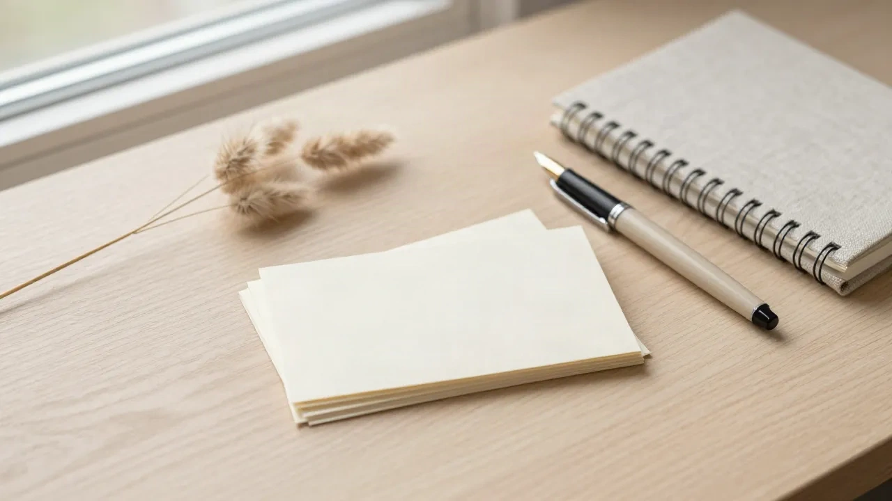Blank cream name cards, a fountain pen and dried grass on a pale oak desk
