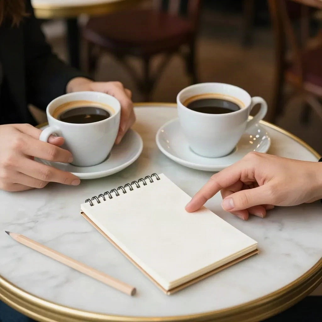 Two coffee cups and a blank notepad on a marble cafe table as a couple talks over names