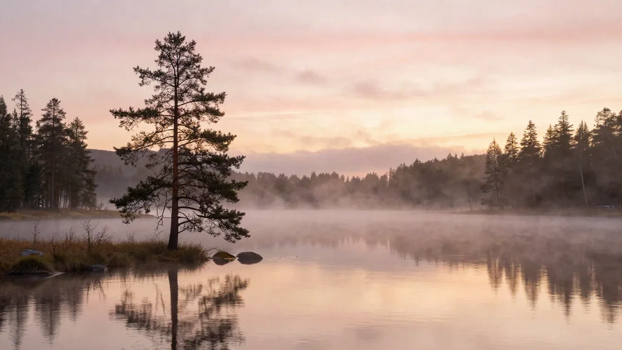 Pink and gold sunrise over a misty Nordic lake with a lone pine