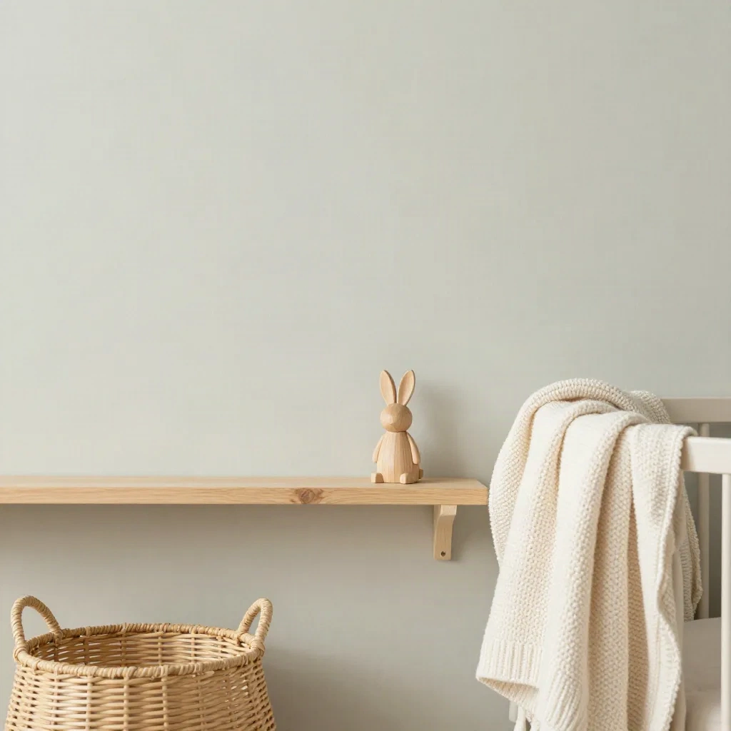 Quiet nursery corner with a wooden rabbit on a shelf and a knitted cream blanket