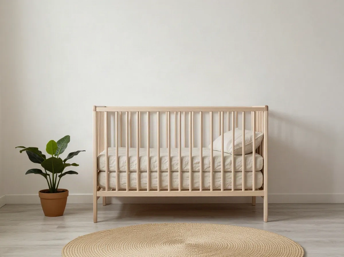 Coin de chambre de bébé calme et neutre, avec un berceau en bois clair, du linge de lit en lin et un tapis tissé
