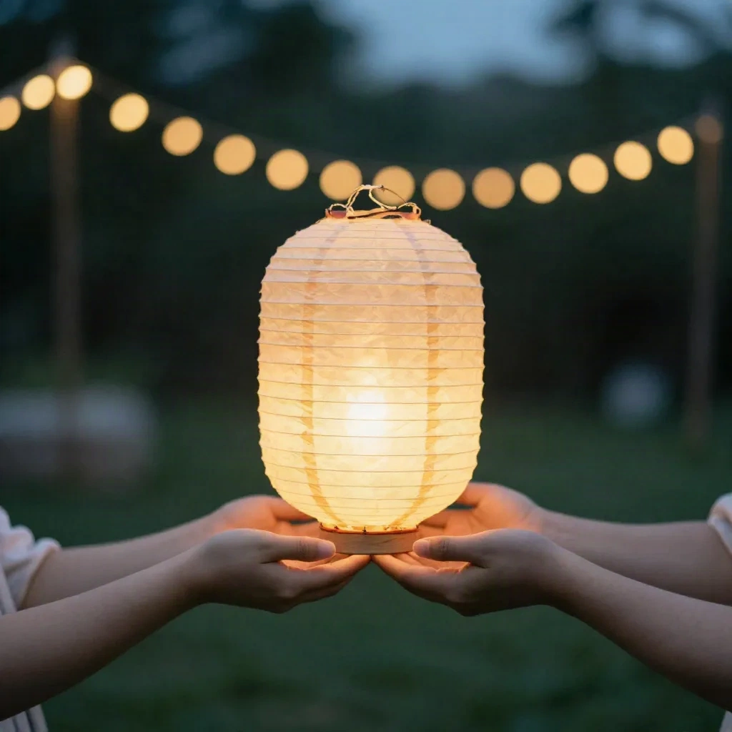 Two pairs of hands holding a glowing paper lantern at twilight