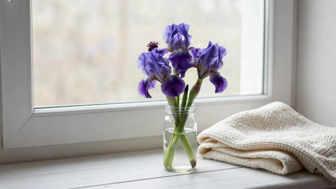 Wildblumen in einem Glas neben einer zusammengefalteten Babydecke auf einer sonnigen Fensterbank