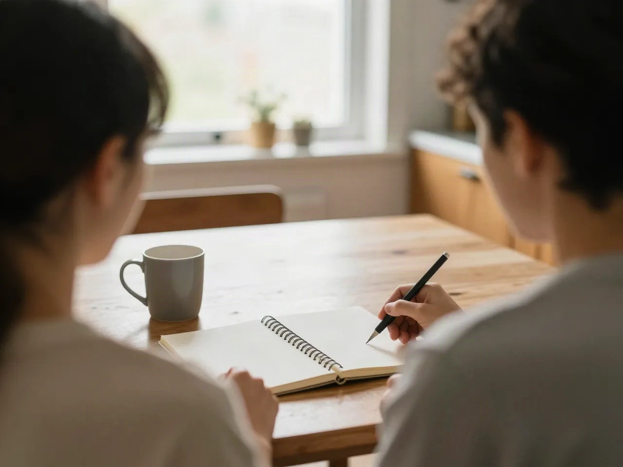 Two people comparing boy name ideas in a shared notebook at a kitchen table