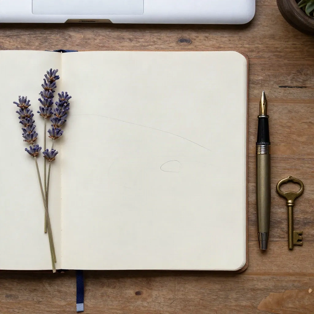 Open cream notebook with dried lavender, a fountain pen and a brass key on an oak table
