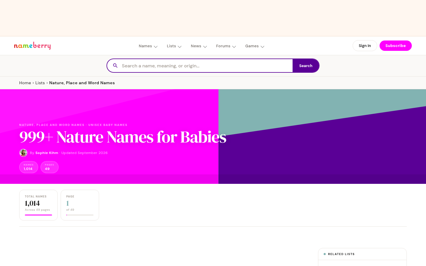 Liste des prénoms de nature sur Nameberry : 1,014 prénoms sur 49 pages
