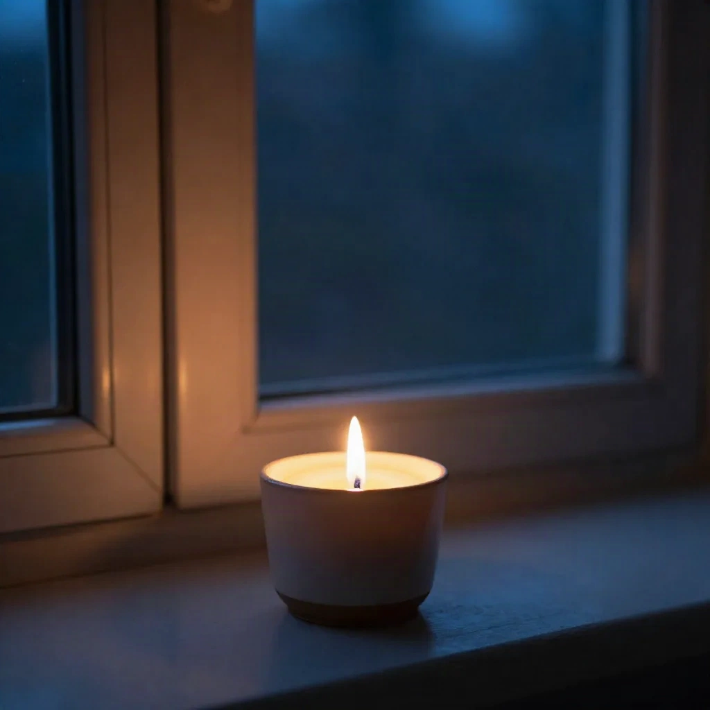 A single candle flame glowing on a windowsill at dusk