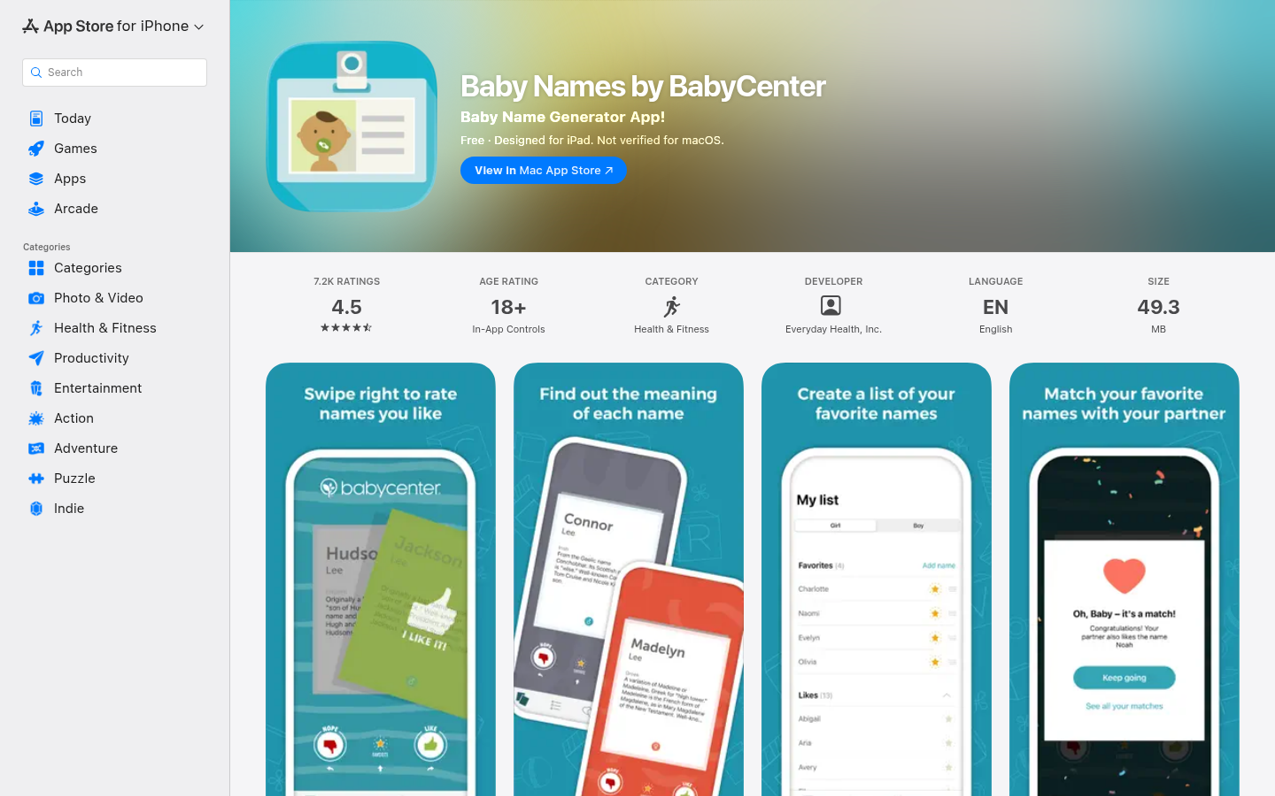Listing aplikacji Baby Names by BabyCenter w App Store