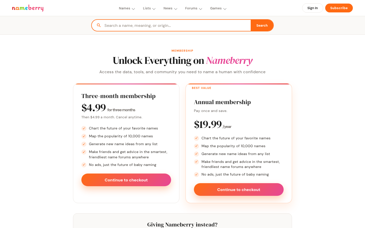 Page d'abonnement de Nameberry : $4.99 pour trois mois puis $4.99 par mois, ou $19.99 par an