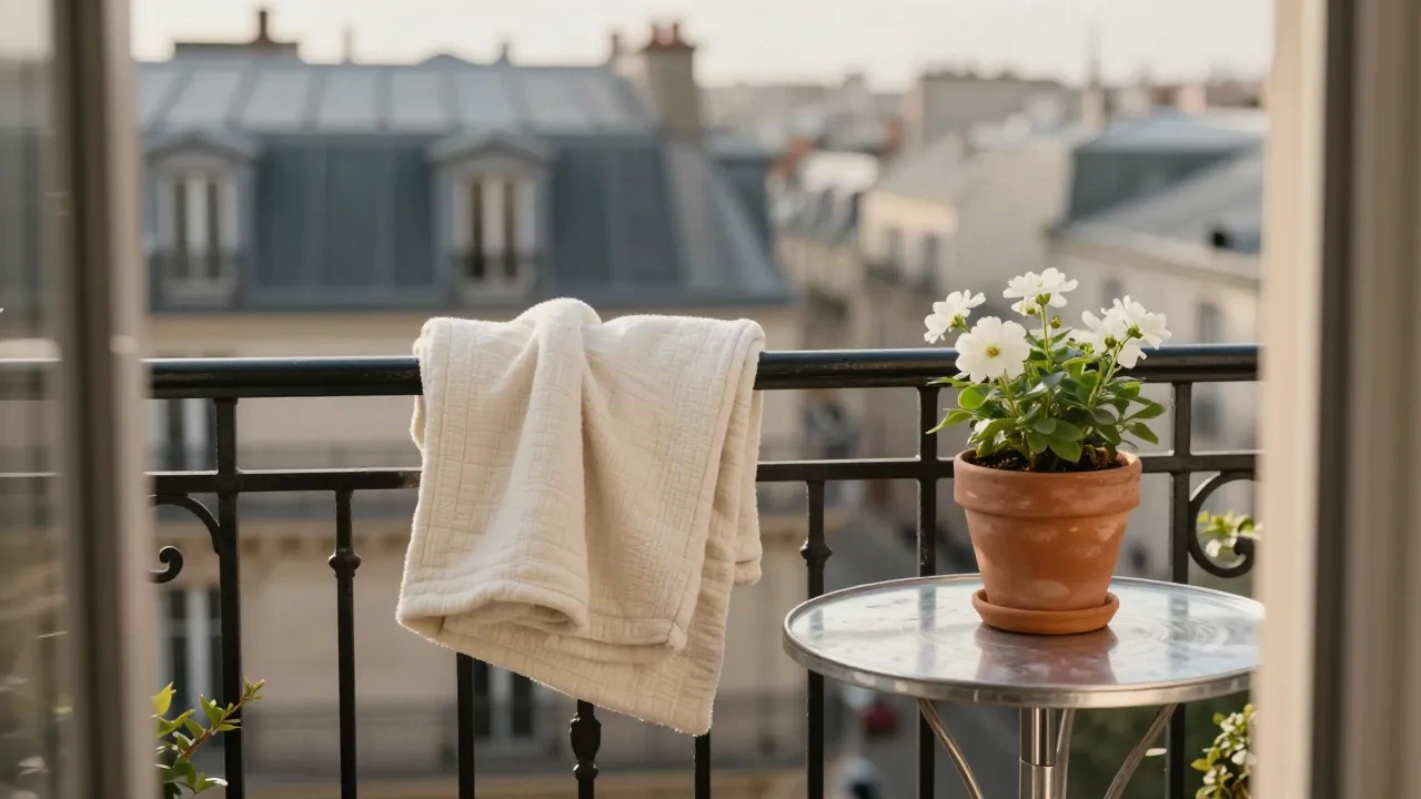 Balcon parisien avec une rampe en fer forgé, une couverture pour bébé en lin et un pot de fleurs blanches dans la lumière du matin