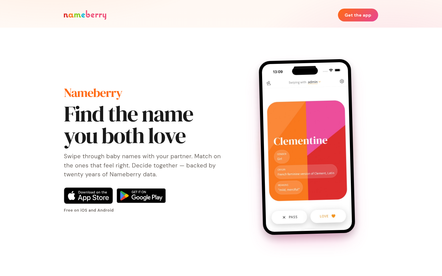 Page de présentation de l'appli de swipe Nameberry avec les badges App Store et Google Play