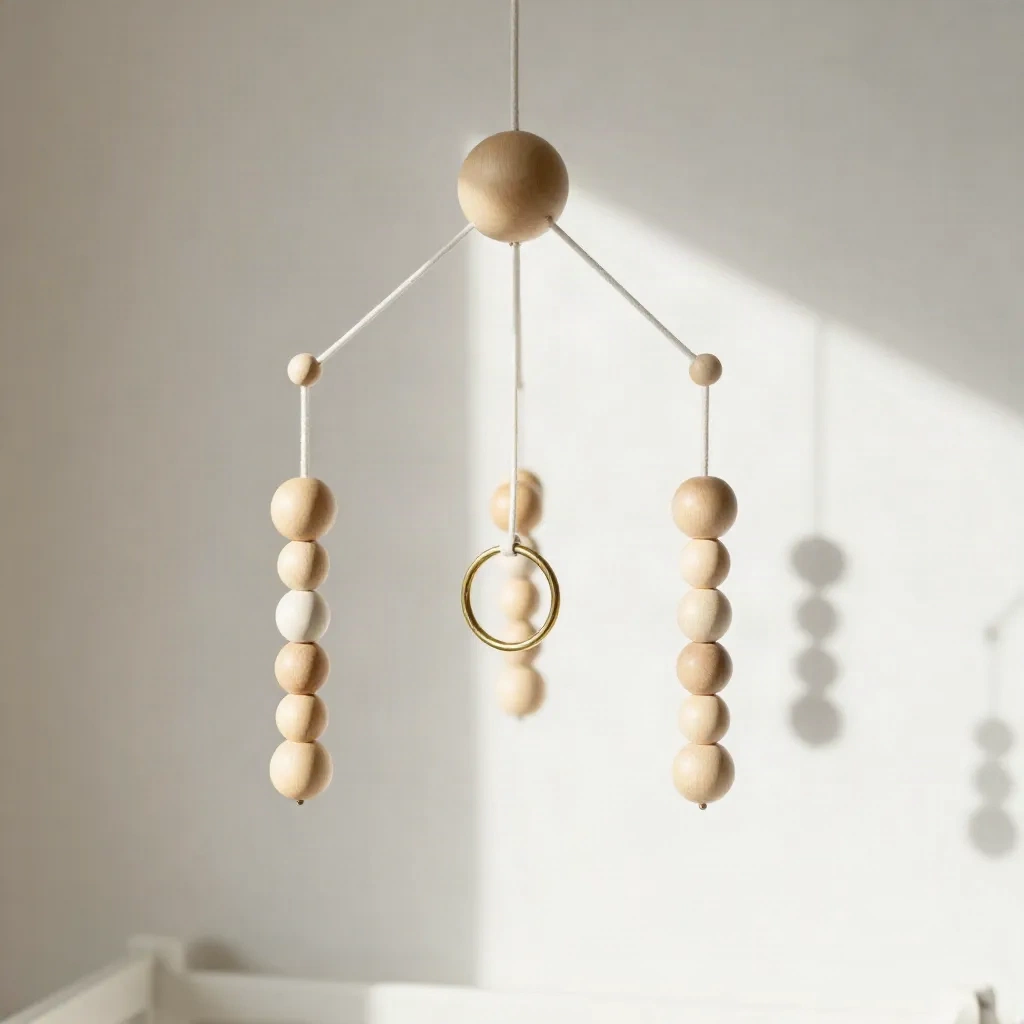 A wooden bead mobile throwing soft sunlit shadows on a white nursery wall