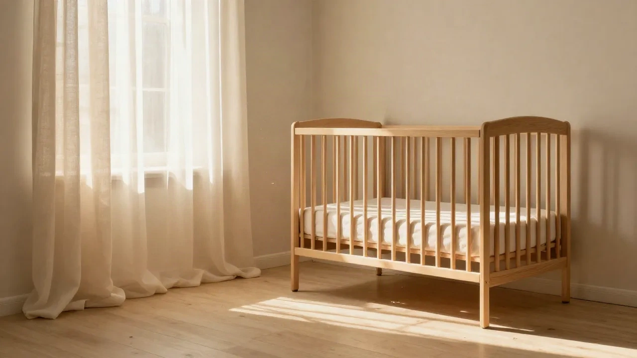 Soft morning sunlight through a linen curtain falling on a wooden crib in a quiet nursery