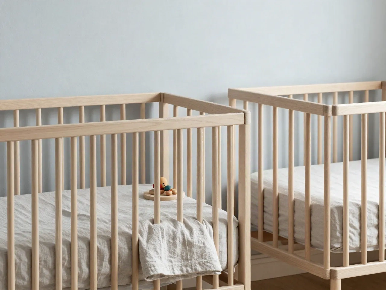 Calm Scandinavian nursery corner with a light wooden crib and linen bedding